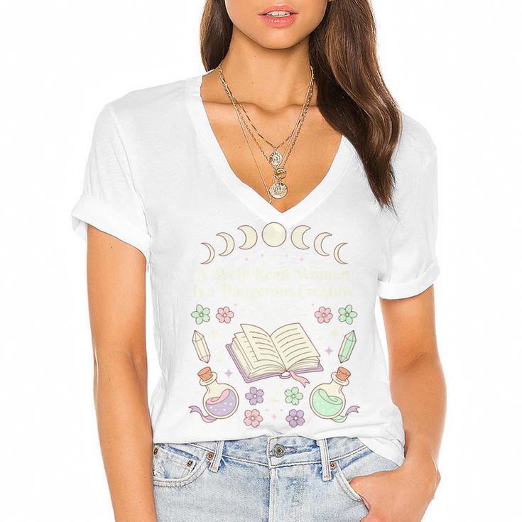Well Read Woman Literature Quote Celestial Book Floral Women's Jersey Short Sleeve Deep V-Neck Tshirt				