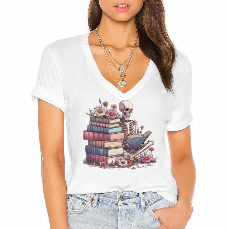 Reading A Book Per Day Keeps Reality Away Skeleton Books Women's Jersey Short Sleeve Deep V-Neck Tshirt				