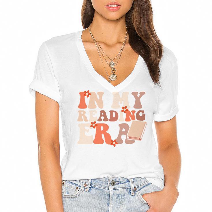 In My Reading Era Groovy Book Lovers Library Reading Women Women's Jersey Short Sleeve Deep V-Neck Tshirt				