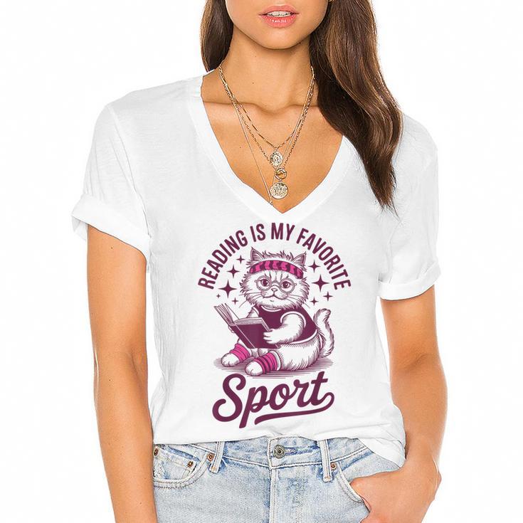 Reading Is My Favorite Sport Cat And Book Lover Women Women's Jersey Short Sleeve Deep V-Neck Tshirt				