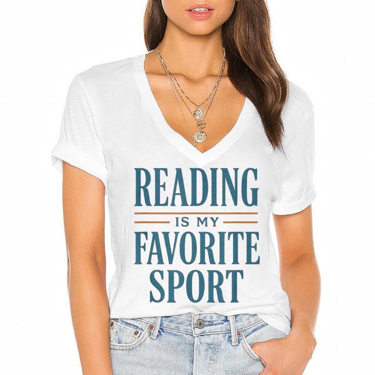 Reading Is My Favorite Sport Literary Book Lover Typography Women's Jersey Short Sleeve Deep V-Neck Tshirt				