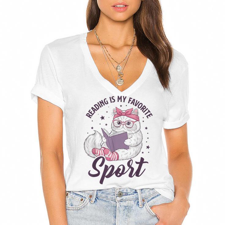 Reading Is My Favorite Sport Saying Cat And Book Lover Women's Jersey Short Sleeve Deep V-Neck Tshirt				