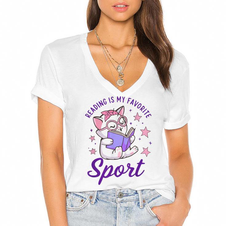Reading Is My Favorite Sport Saying Quote Book Lovers Women's Jersey Short Sleeve Deep V-Neck Tshirt				