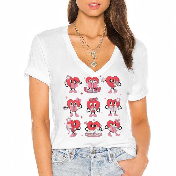 Reading Heart Book Valentines Day Teacher Women Girl Women's Jersey Short Sleeve Deep V-Neck Tshirt				