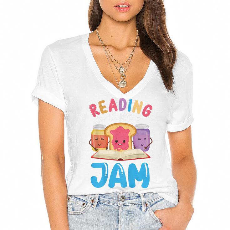 Reading Is My Jam I Love To Read Books Boy Girl Women's Jersey Short Sleeve Deep V-Neck Tshirt				
