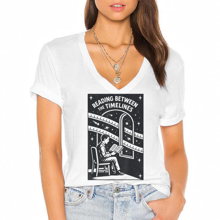 Reading Between The Timelines Time Travel Books Women's Jersey Short Sleeve Deep V-Neck Tshirt