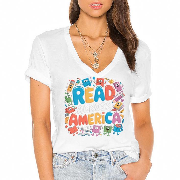 Reads Across Tee America Reading Teacher Books Reader Kids Women's Jersey Short Sleeve Deep V-Neck Tshirt				