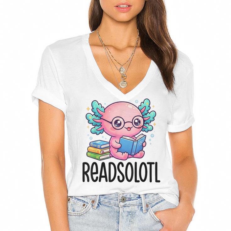 Readsolotl Cute Axolotl Reading Book Kawaii Pink Aesthetic Women's Jersey Short Sleeve Deep V-Neck Tshirt				