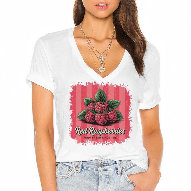 Red Raspberries Farm Fresh Since 1987 Nostalgia Women's Jersey Short Sleeve Deep V-Neck Tshirt				