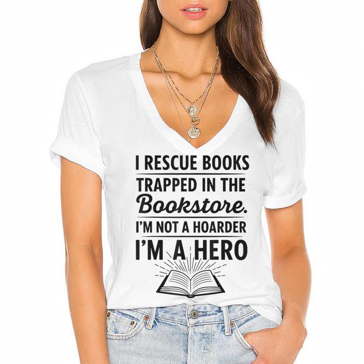 I Rescue Books Trapped In The Bookstore Sarcastic Women's Jersey Short Sleeve Deep V-Neck Tshirt