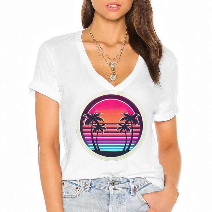 Retro 80s Synthwave Sunset & Palm Trees Retro Nostalgia 80s Women's Jersey Short Sleeve Deep V-Neck Tshirt				
