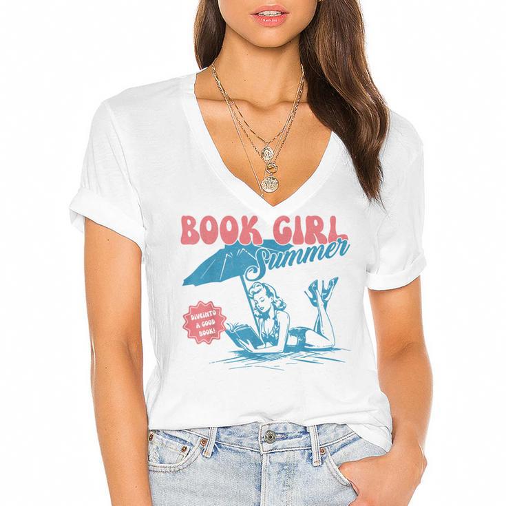 Retro Book Girl Summer Beach Vacation For Book Lover Women's Jersey Short Sleeve Deep V-Neck Tshirt				