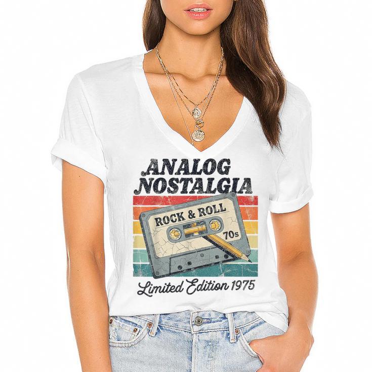 Retro Cassette Case 70s Vintage Music Analog Nostalgia Women's Jersey Short Sleeve Deep V-Neck Tshirt				