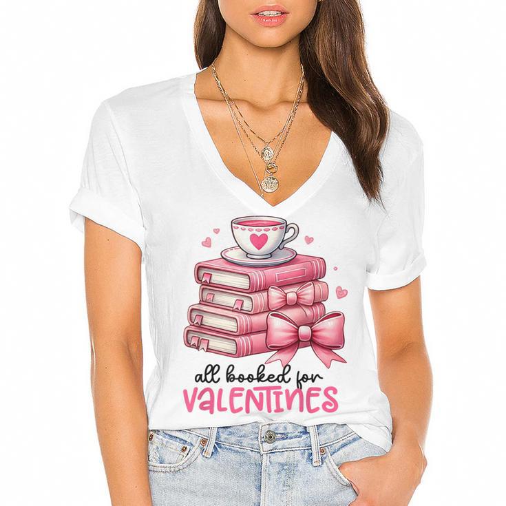 Retro Groovy Valentine Men Women Kid Tees By Emily All Booked For Valentines Book Reading Bookworm Nerdy Women's Jersey Short Sleeve Deep V-Neck Tshirt