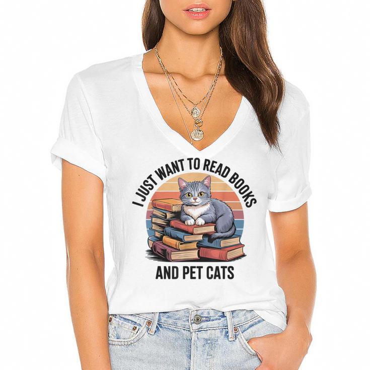 Retro I Just Want To Read Books And Pet Cats Cat Women's Jersey Short Sleeve Deep V-Neck Tshirt				