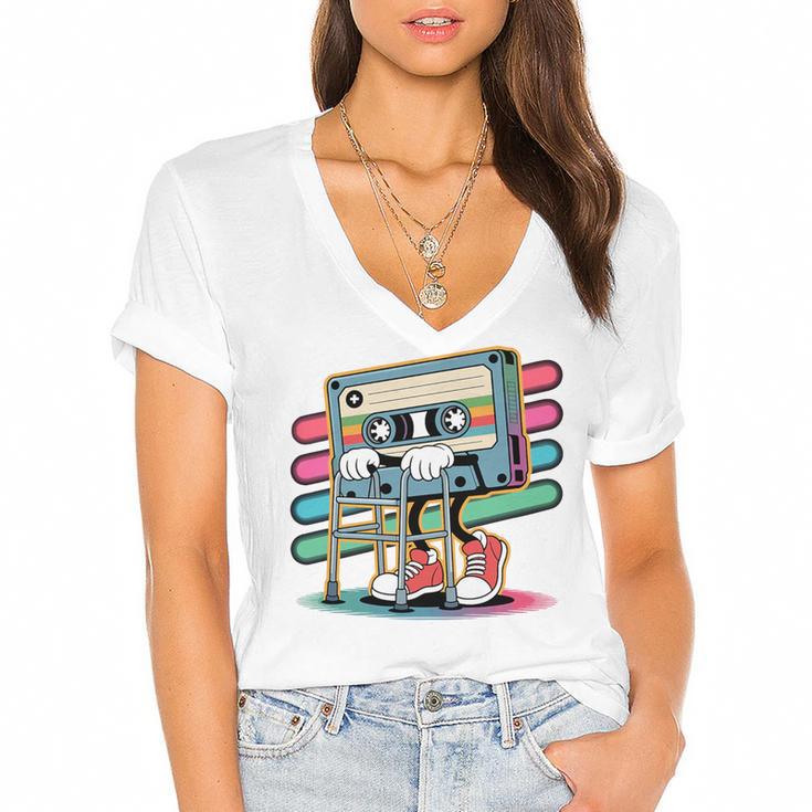 Retro Old Cassette Tape Cartoon With Walker Nostalgia Premium Tri-Blend Women's Jersey Short Sleeve Deep V-Neck Tshirt