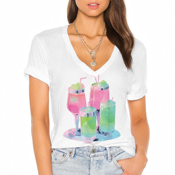 Retro Soft Drinks 80s 90s Nostalgia Cute Anime Aesthetic Tee Women's Jersey Short Sleeve Deep V-Neck Tshirt