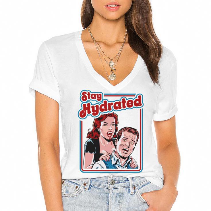 Retro Vampire Book Cover Style Stay Hydrated Halloween Women's Jersey Short Sleeve Deep V-Neck Tshirt