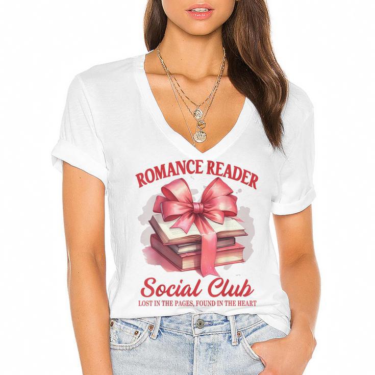 Romance Book Reading Bookish Romance Reader Social Club Women's Jersey Short Sleeve Deep V-Neck Tshirt				