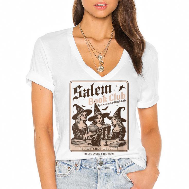 Salem Book Club Bookish Halloween Retro Salem Witch Book Women's Jersey Short Sleeve Deep V-Neck Tshirt