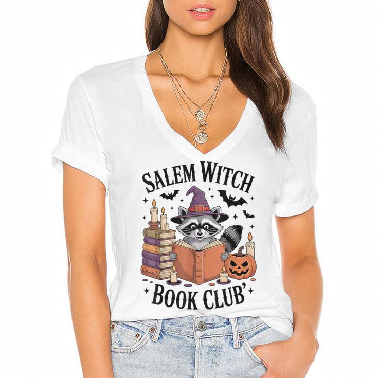 Salem WItch Book Club Halloween Raccoon Witch Reading Book Women's Jersey Short Sleeve Deep V-Neck Tshirt				