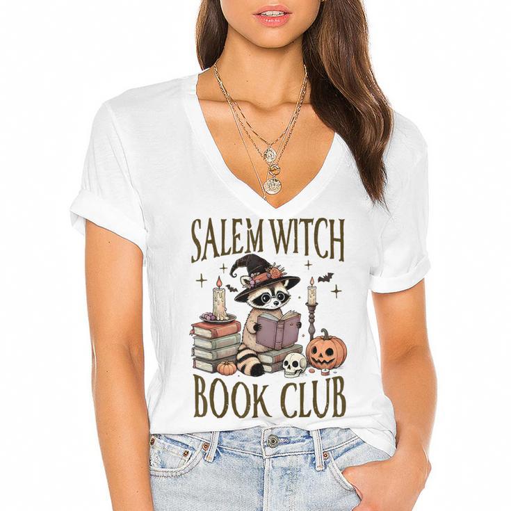 Salem Witch Book Club Raccoon Reading Women's Jersey Short Sleeve Deep V-Neck Tshirt