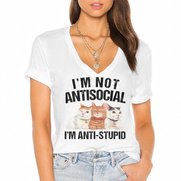 Sarcasm Cat Sarcastic Introvert Antisocial Cat Lover Women's Jersey Short Sleeve Deep V-Neck Tshirt