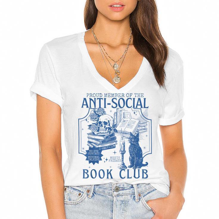 Sarcastic Anti Social Book Club Cat Skull Book Lover Women's Jersey Short Sleeve Deep V-Neck Tshirt				