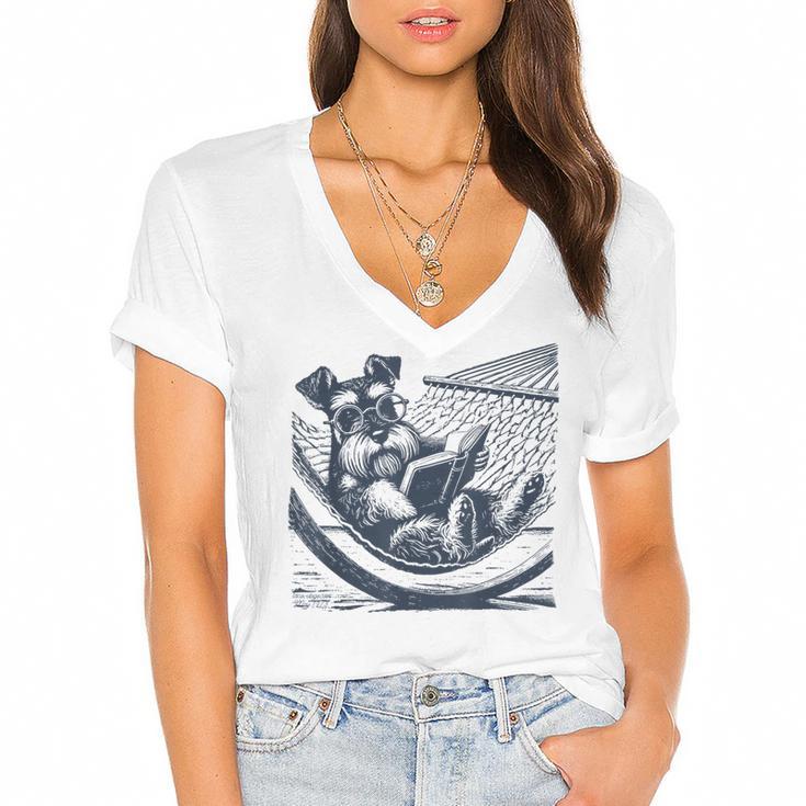 Schnauzer Hammock Reading Book Schnauzer Glasses Women's Jersey Short Sleeve Deep V-Neck Tshirt				