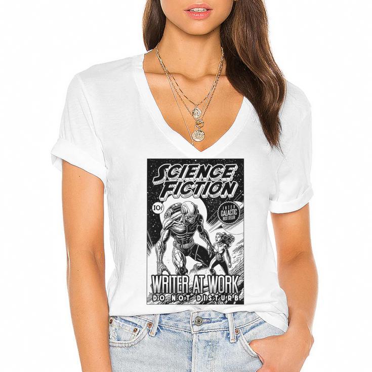Science Fiction Writer At Work Vintage Book Cover Women's Jersey Short Sleeve Deep V-Neck Tshirt