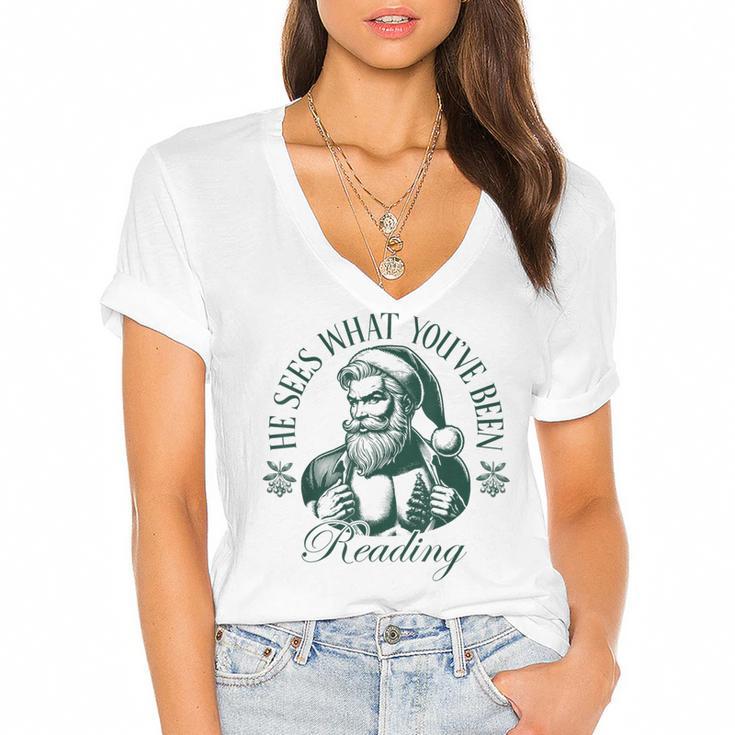 He Sees What You'Ve Been Reading Bookish Christmas Women's Jersey Short Sleeve Deep V-Neck Tshirt