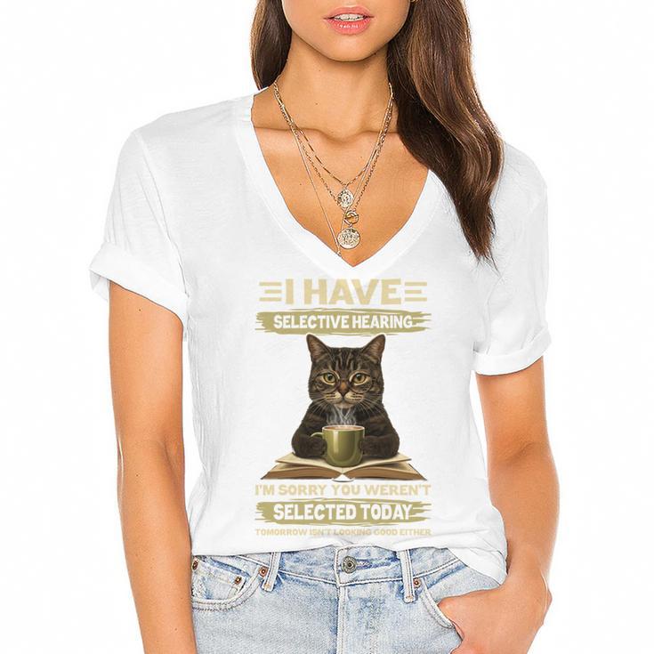 i Have Selective Hearing Cat Coffee Books Retro Women's Jersey Short Sleeve Deep V-Neck Tshirt				