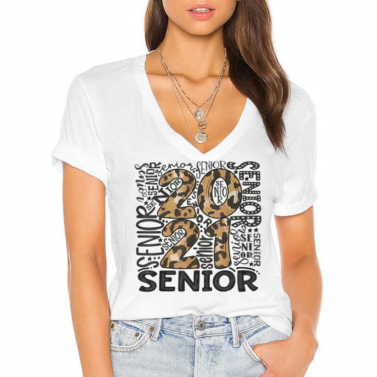Senior 2021 Grad Class Of 2021 Graduation Leopard Cheetah Women's Jersey Short Sleeve Deep V-Neck Tshirt				