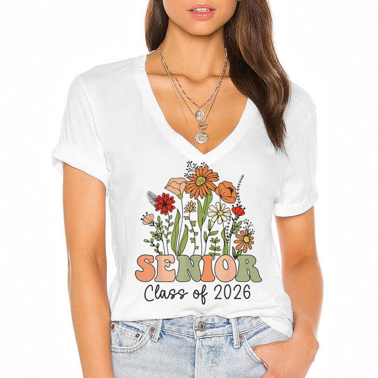 Senior 2026 Graduate Class Of 2026 Wildflowers Graduation Women's Jersey Short Sleeve Deep V-Neck Tshirt				