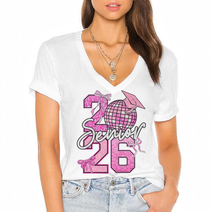 Senior 2026 Graduation Girls Coquette Pink Bow Class Of 2026 Premium Women's Jersey Short Sleeve Deep V-Neck Tshirt				