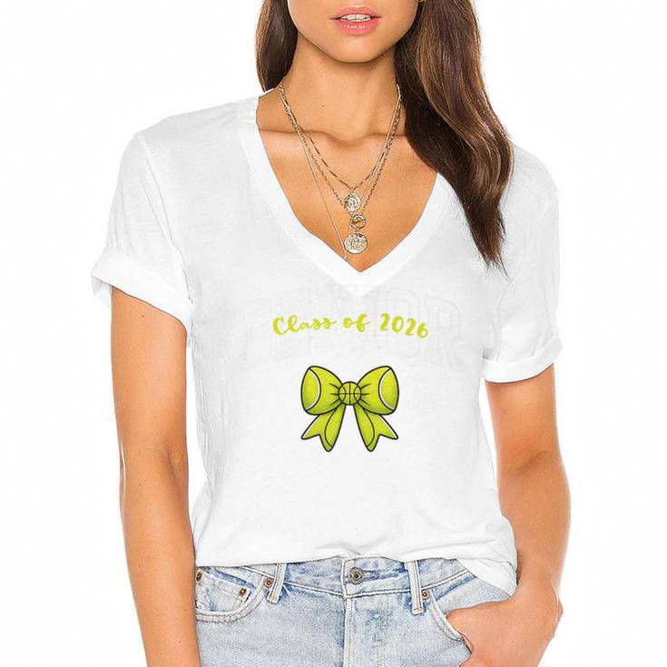 Senior Class Of 2026 Tennis Coquette Bow Graduation Premium Women's Jersey Short Sleeve Deep V-Neck Tshirt				