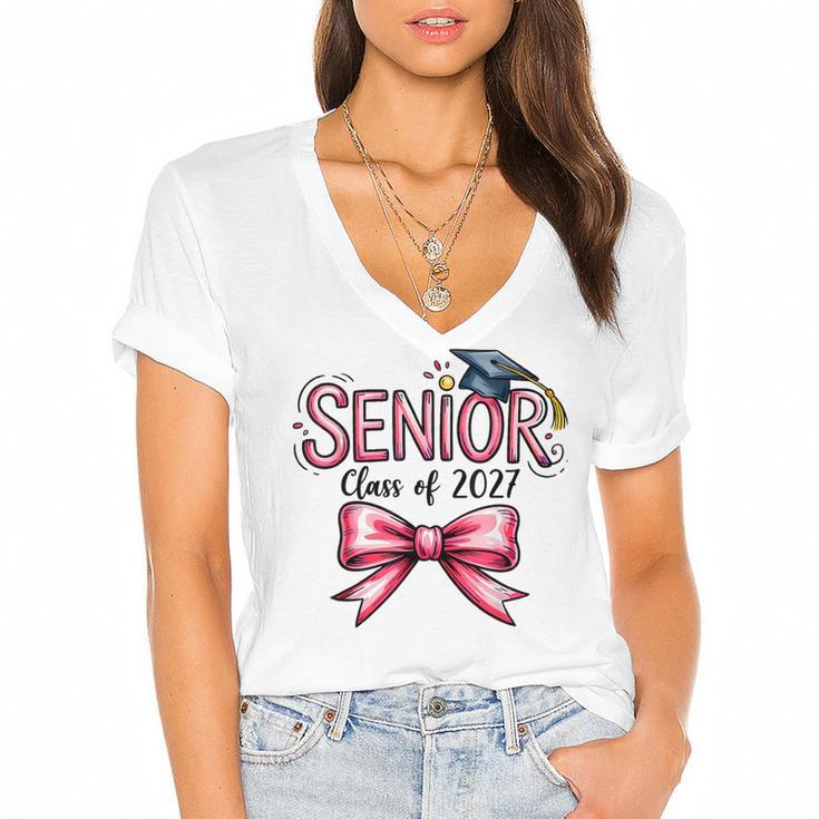 Senior Class Of 2027 Coquette Pink Bow Graduation 2027 Girls Women's Jersey Short Sleeve Deep V-Neck Tshirt				