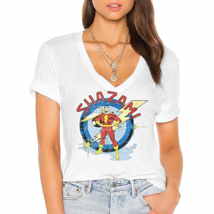 Shazam Comic Book Art Heroic Portrait Vintage Women's Jersey Short Sleeve Deep V-Neck Tshirt				