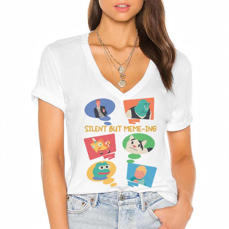 Silent But Meme-Ing Introvert Anti People Antisocial Quiet Women's Jersey Short Sleeve Deep V-Neck Tshirt
