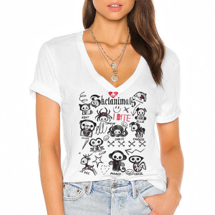 Skelanimals I Bite Vintage Retro Dead Pet Textbook Collage Women's Jersey Short Sleeve Deep V-Neck Tshirt