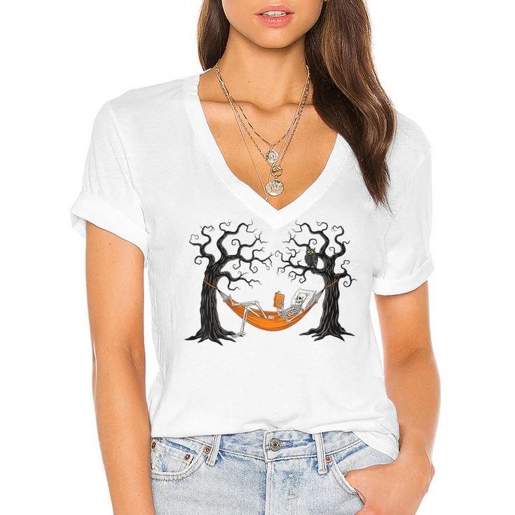 Skeleton Reading Book In Hammock Halloween Reader Women's Jersey Short Sleeve Deep V-Neck Tshirt				