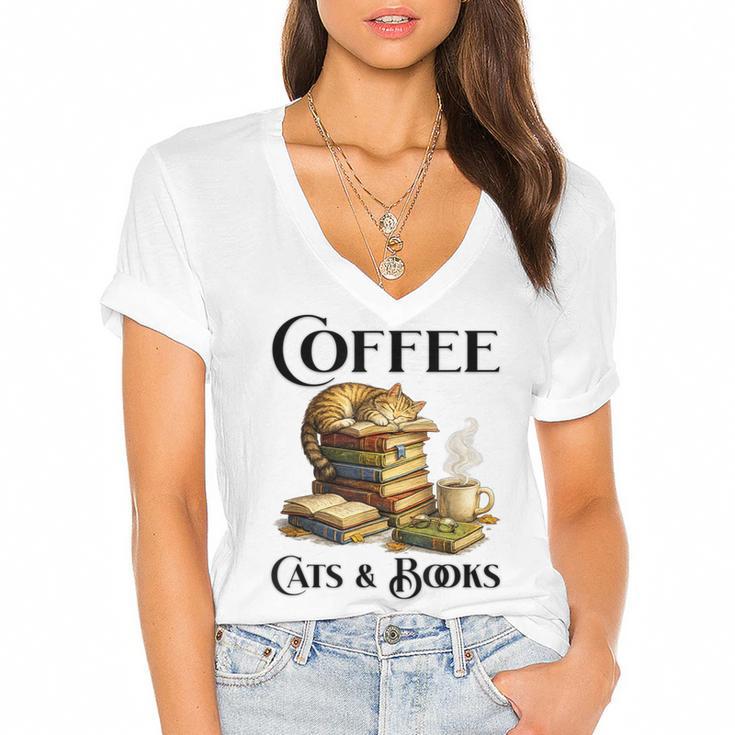 Sleeping Cat And Books With Coffee Lover Women's Jersey Short Sleeve Deep V-Neck Tshirt				