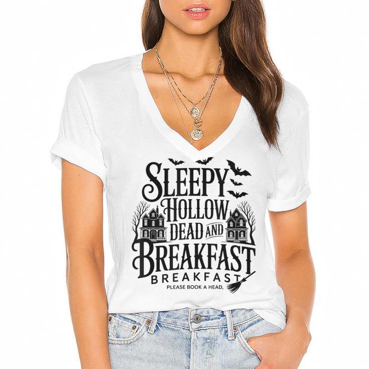 Sleepy Hollow Dead And Breakfast Please Book Ahead Women's Jersey Short Sleeve Deep V-Neck Tshirt				
