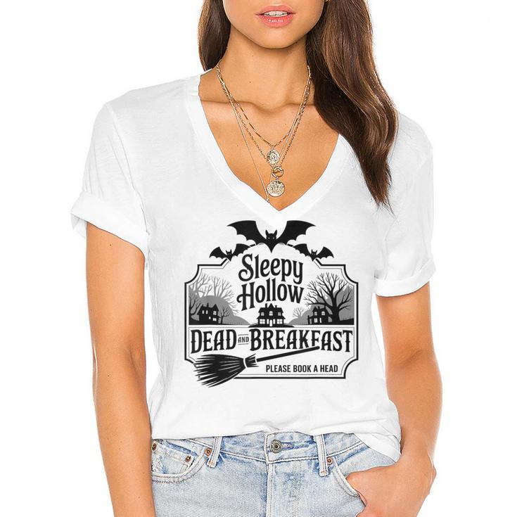 Sleepy Hollow Dead And Breakfast Please Book A Head Women's Jersey Short Sleeve Deep V-Neck Tshirt				