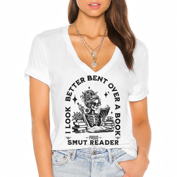 Smut Reader Skeleton Book Lover Dark Humor Art Premium Tri-Blend Women's Jersey Short Sleeve Deep V-Neck Tshirt