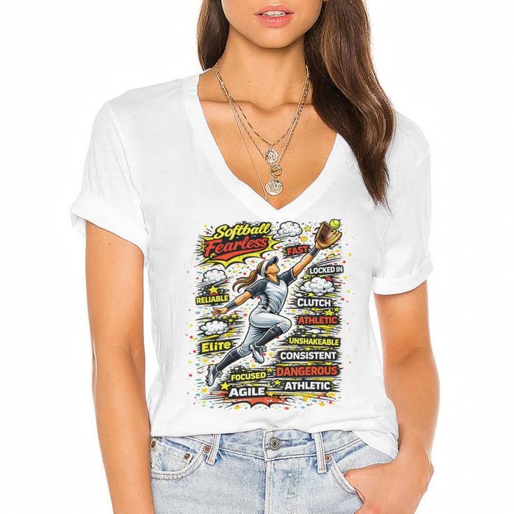 Softball Outfielder Best Traits Brave Retro Comic Book Art Premium Tri-Blend Women's Jersey Short Sleeve Deep V-Neck Tshirt