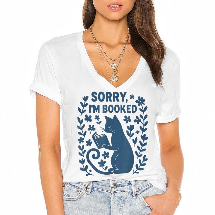 Sorry I'm Booked Cat Reading Book Boho Flowers Vintage Women's Jersey Short Sleeve Deep V-Neck Tshirt				