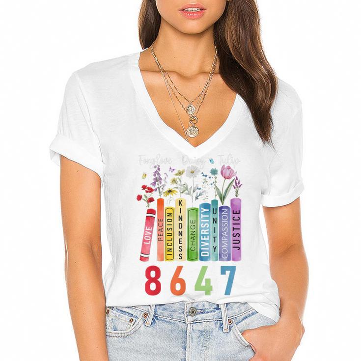 Subtle Floral Foxglove Daisy Tulip Book Lover Women's Jersey Short Sleeve Deep V-Neck Tshirt				