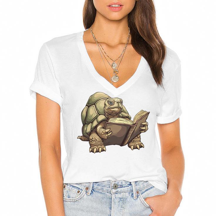 Sulcata Tortoise Reading A Book Women's Jersey Short Sleeve Deep V-Neck Tshirt				