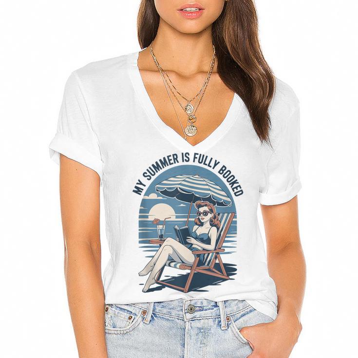 My Summer Is Fully Booked Fun Girls Summer Book Lovers Women's Jersey Short Sleeve Deep V-Neck Tshirt				